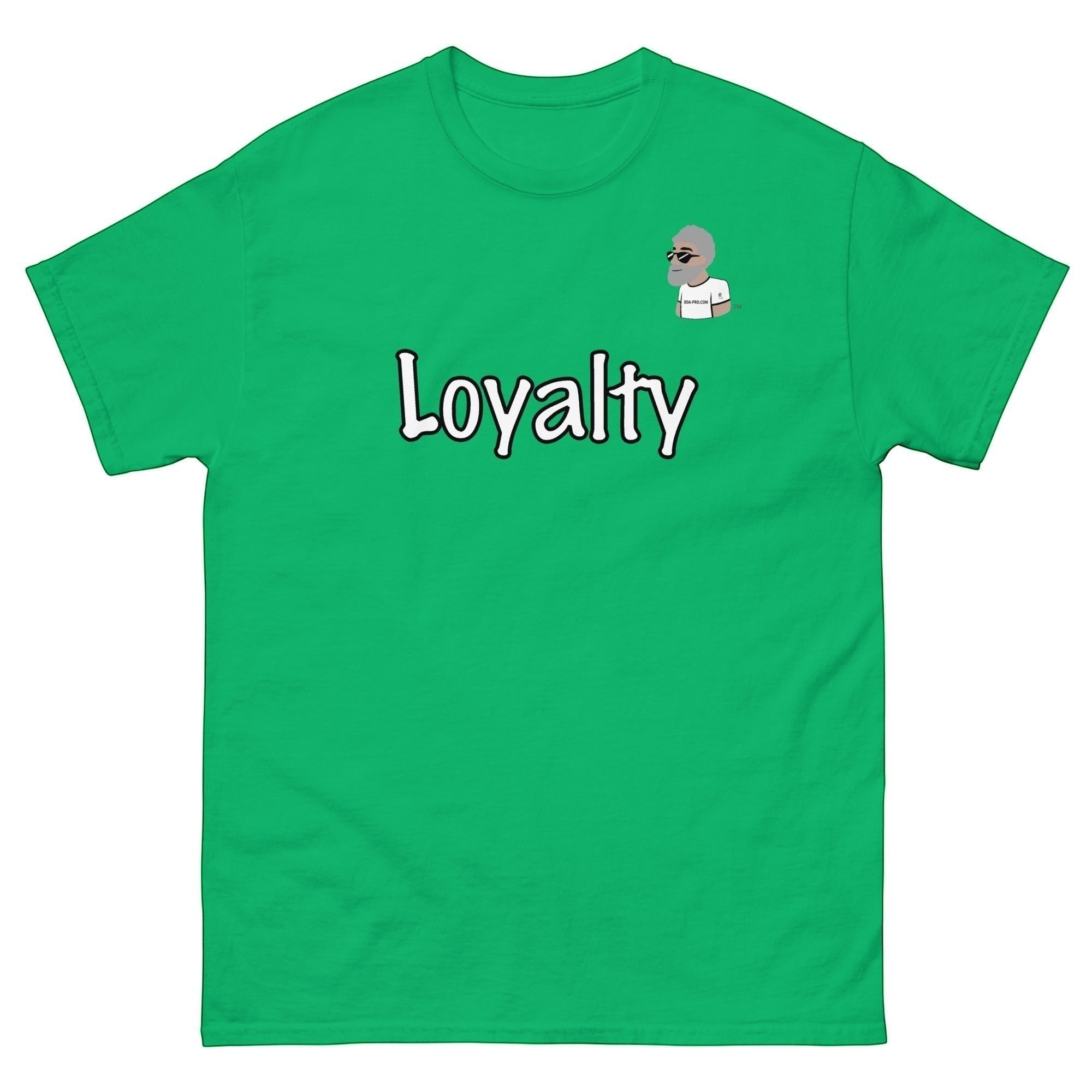 Big Daddy Allen Productions green cotton t-shirt with "Loyalty" graphic and BDA logo on chest.