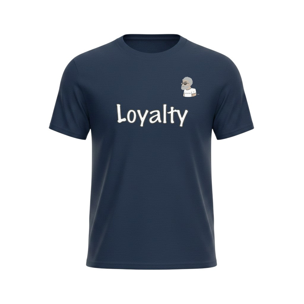 Big Daddy Allen Productions navy blue cotton t-shirt with "Loyalty" graphic and cartoon character.