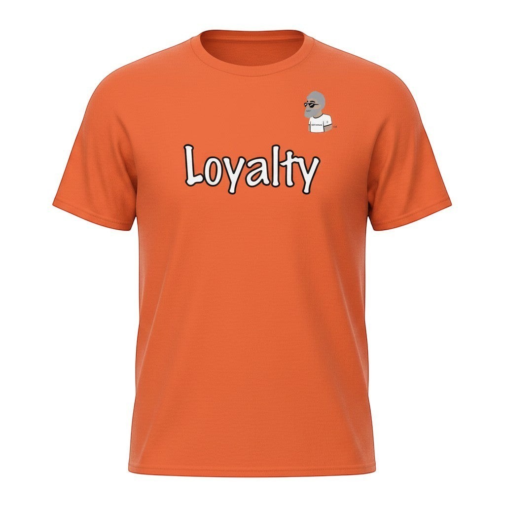 Big Daddy Allen Productions orange cotton t-shirt with "Loyalty" graphic and BDA logo on left chest.