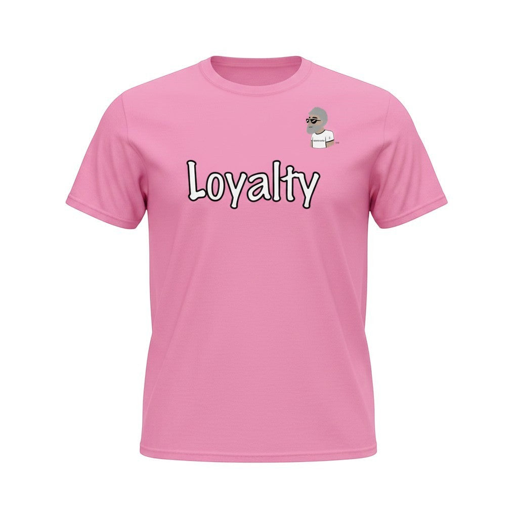 Big Daddy Allen Productions pink cotton t-shirt with "Loyalty" graphic and BDA logo on chest.