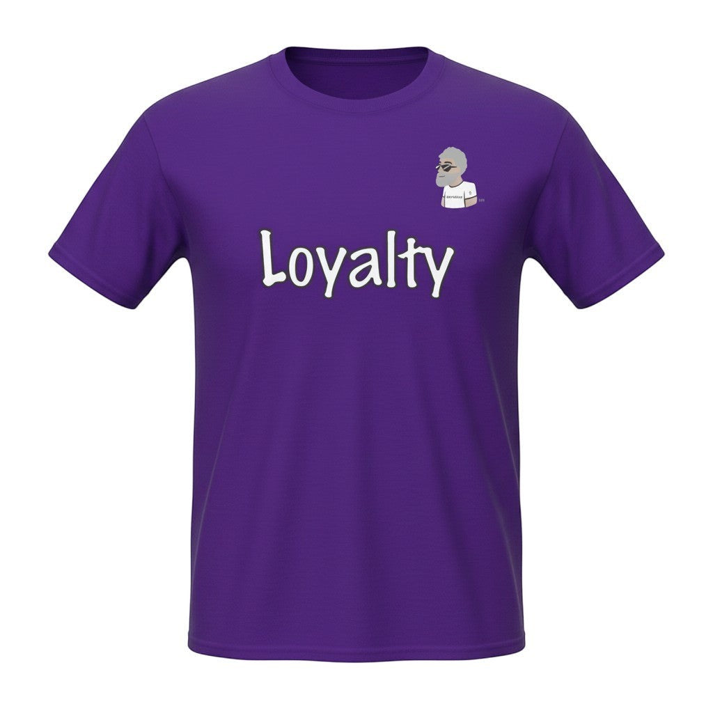 Big Daddy Allen Productions purple cotton t-shirt with "Loyalty" graphic and BDA logo on chest.
