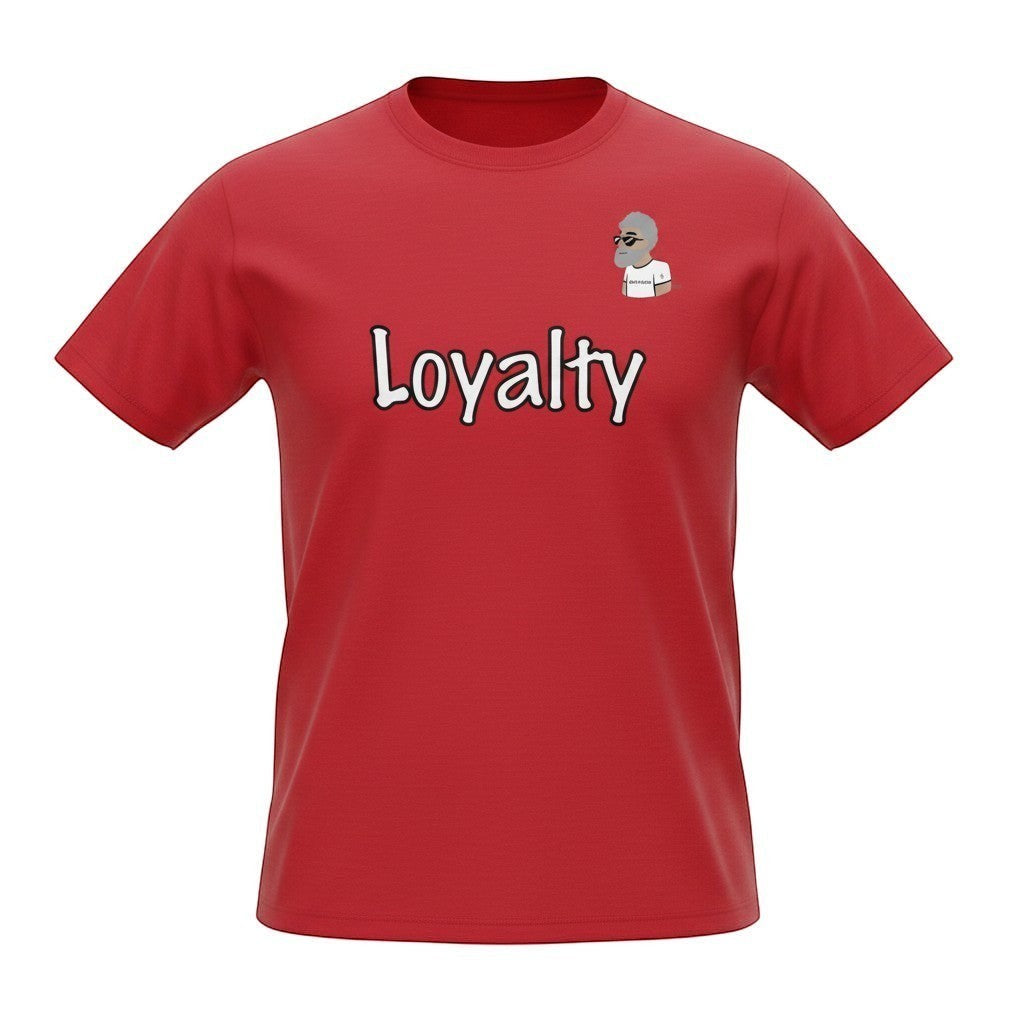 Big Daddy Allen Productions red cotton t-shirt with "Loyalty" graphic and BDA logo on chest.