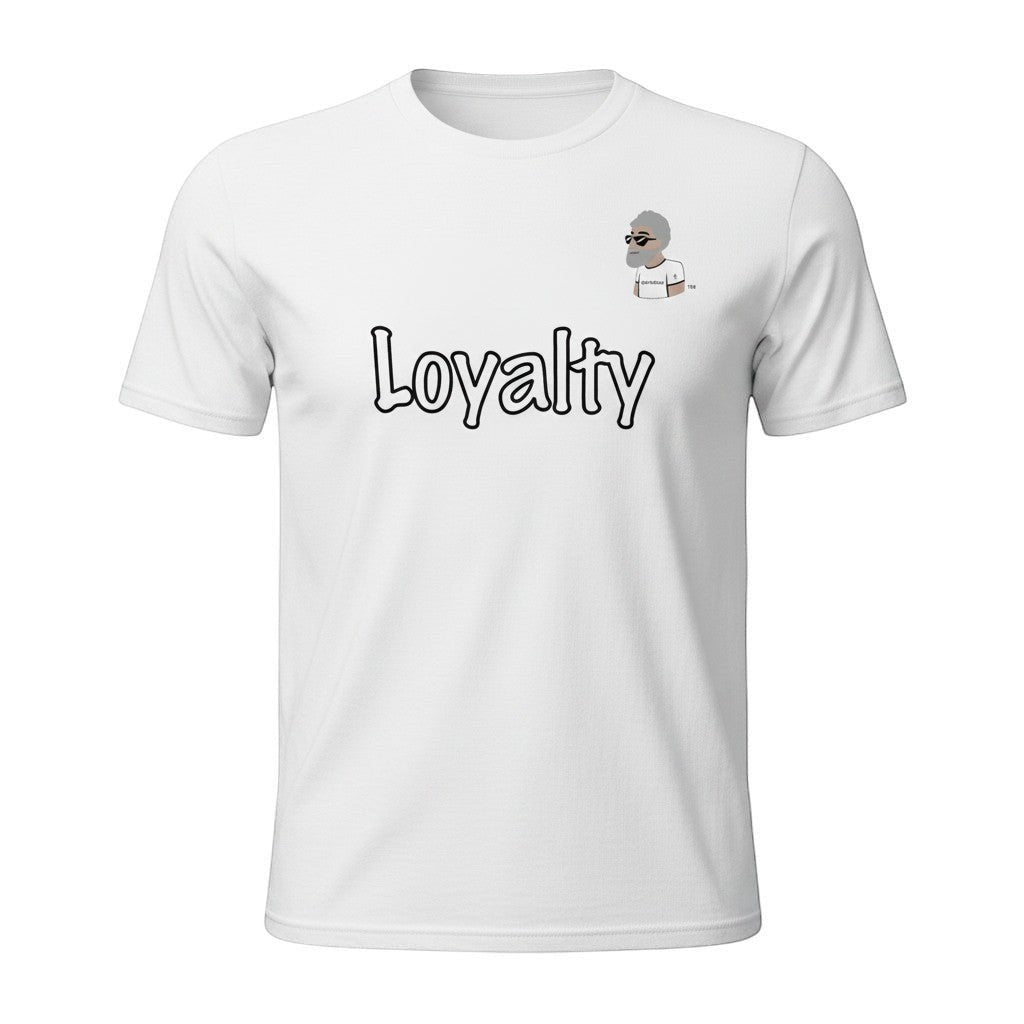 Big Daddy Allen Productions white cotton graphic t-shirt with "Loyalty" text and BDA logo on chest.