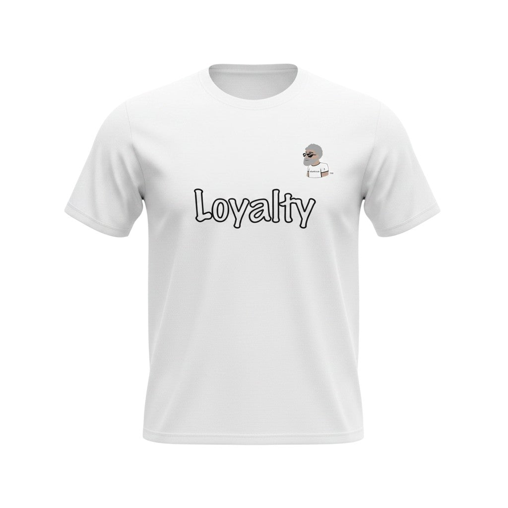Big Daddy Allen Productions white cotton t-shirt with "Loyalty" graphic and cartoon character.
