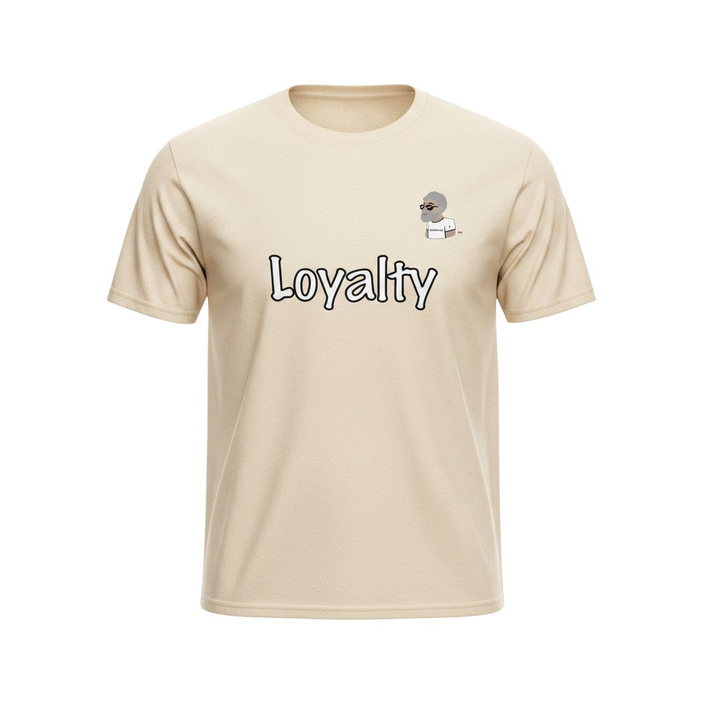 Big Daddy Allen Productions cream cotton t-shirt with "Loyalty" graphic and cartoon character. Crew neck, short sleeves.