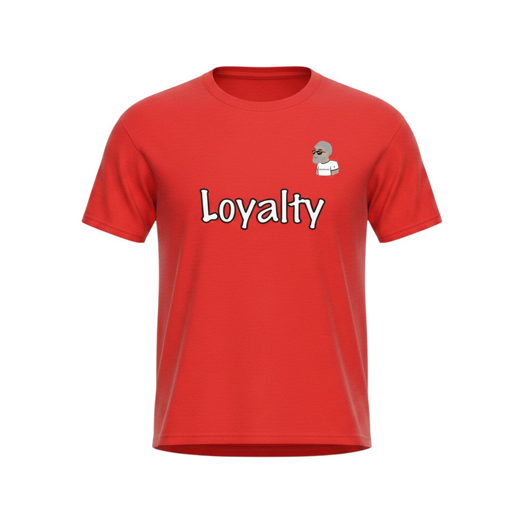 Big Daddy Allen Productions red cotton t-shirt with "Loyalty" graphic and cartoon character.