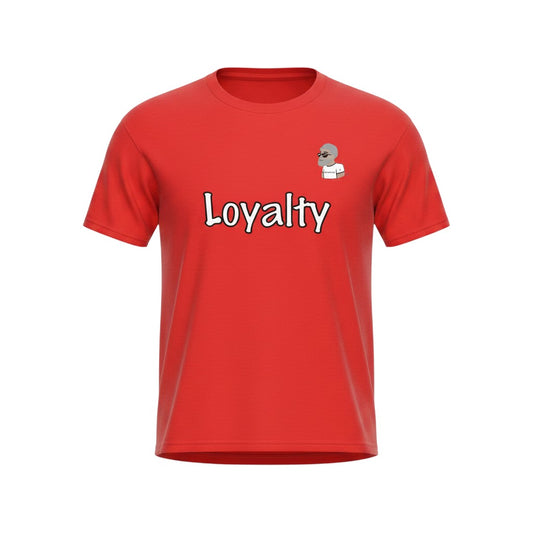 Big Daddy Allen Productions red cotton t-shirt with "Loyalty" graphic and cartoon character.