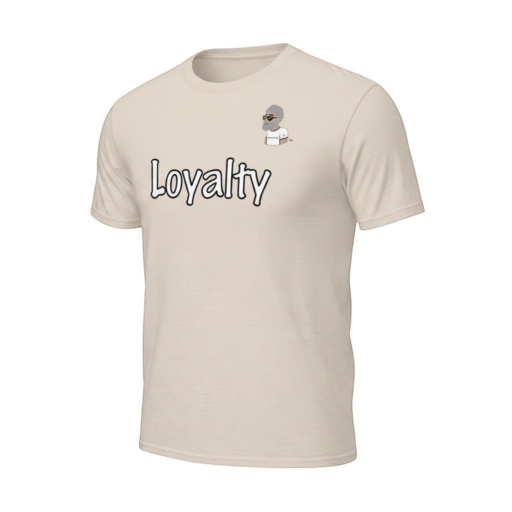 Big Daddy Allen Productions beige cotton t-shirt with "Loyalty" graphic and BDA logo on left chest.