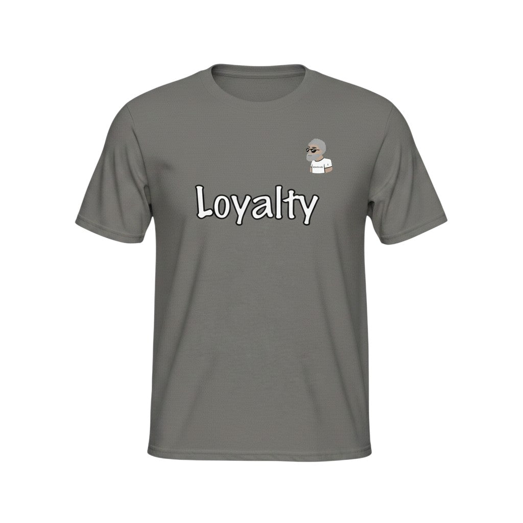 Big Daddy Allen Productions grey cotton t-shirt with "Loyalty" graphic and cartoon character.