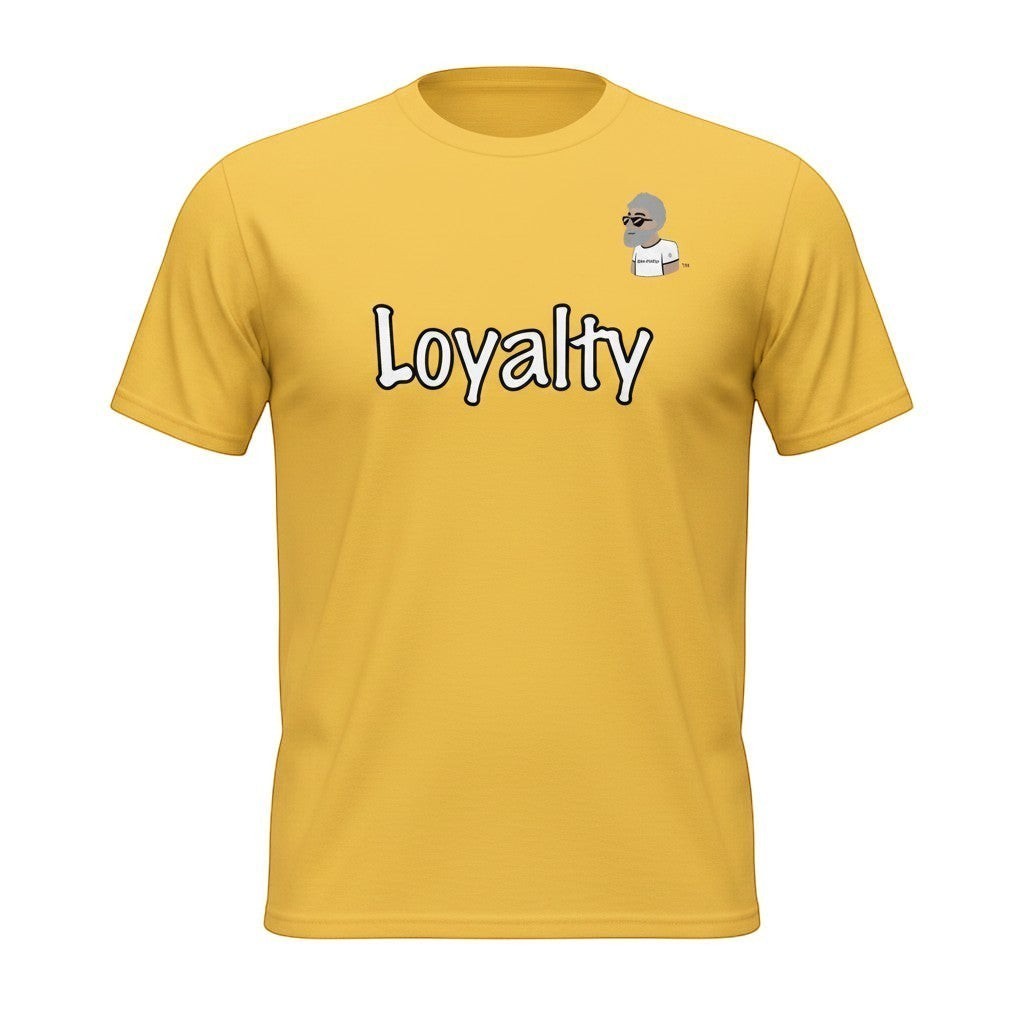 Big Daddy Allen Productions yellow cotton t-shirt with "Loyalty" graphic and logo on chest.