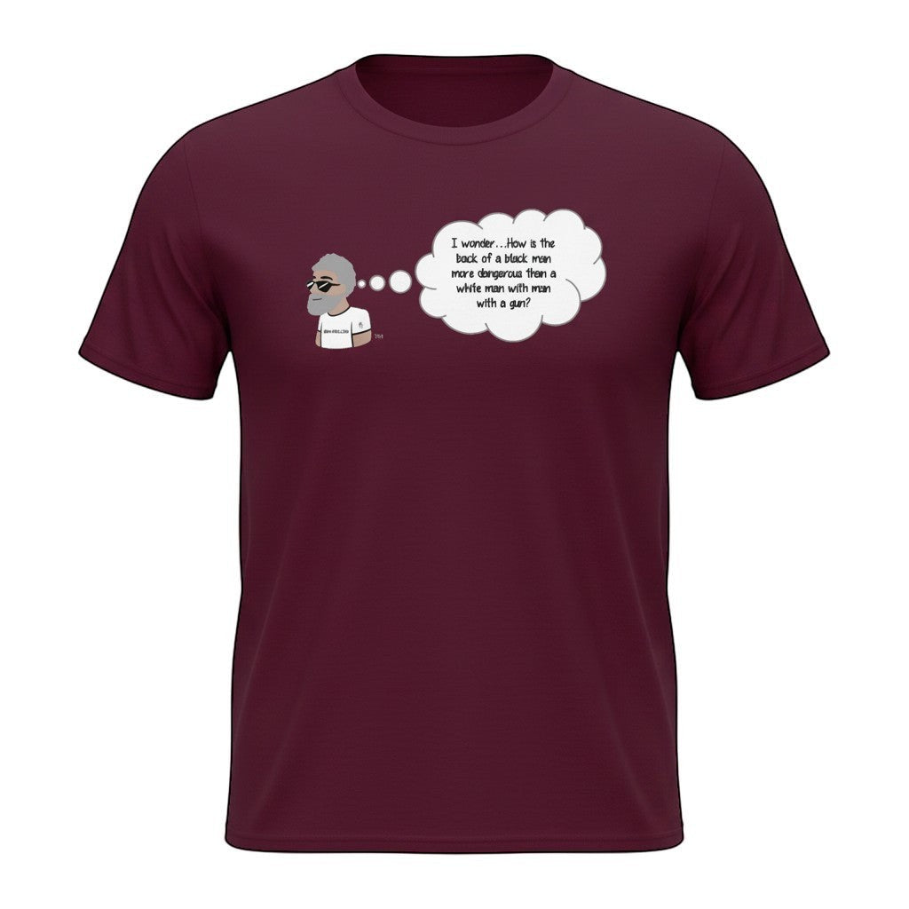 Big Daddy Allen Productions maroon cotton t-shirt with a graphic of a man thinking about a provocative question.