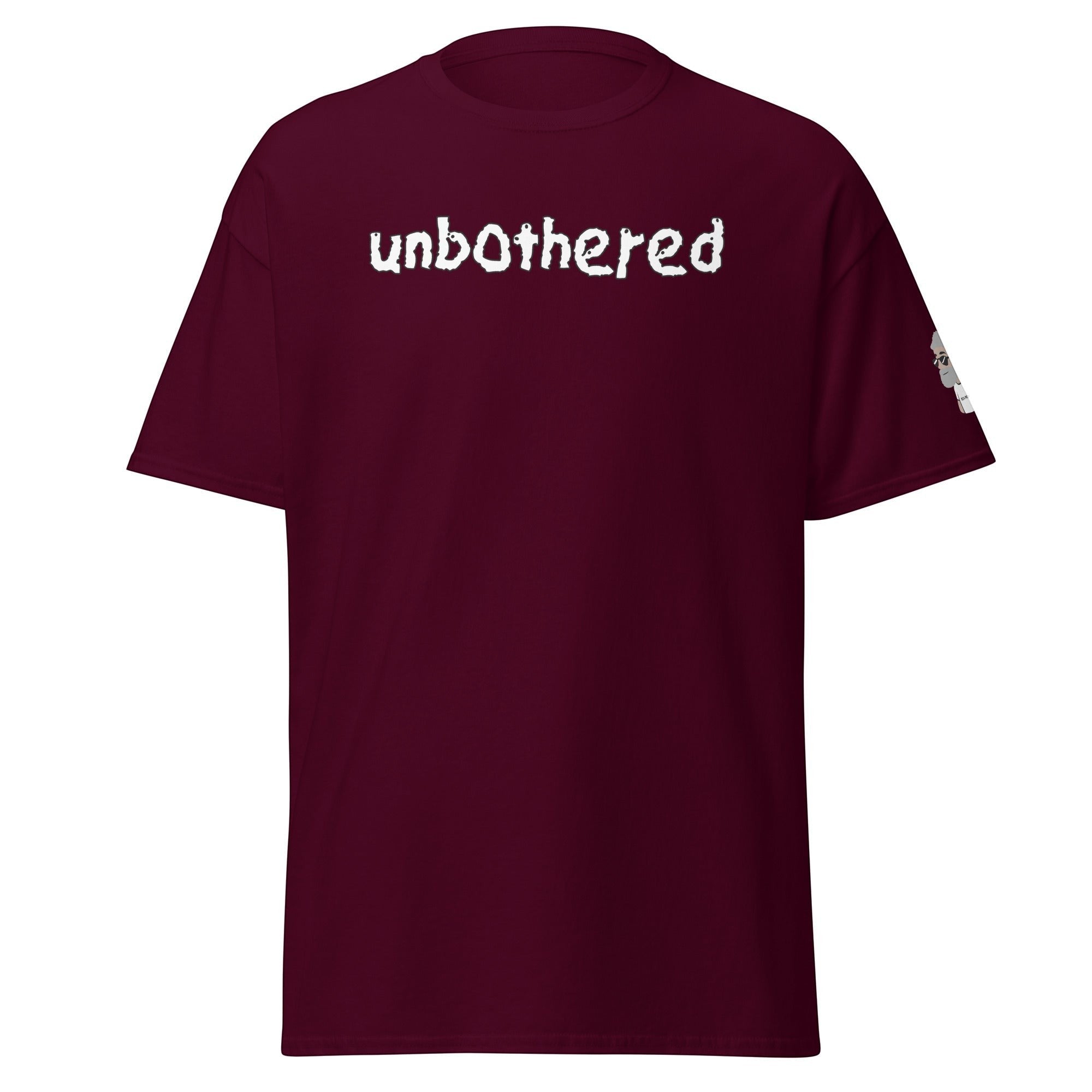 Big Daddy Allen Productions maroon Unbothered graphic t-shirt with white textured lettering and relaxed fit