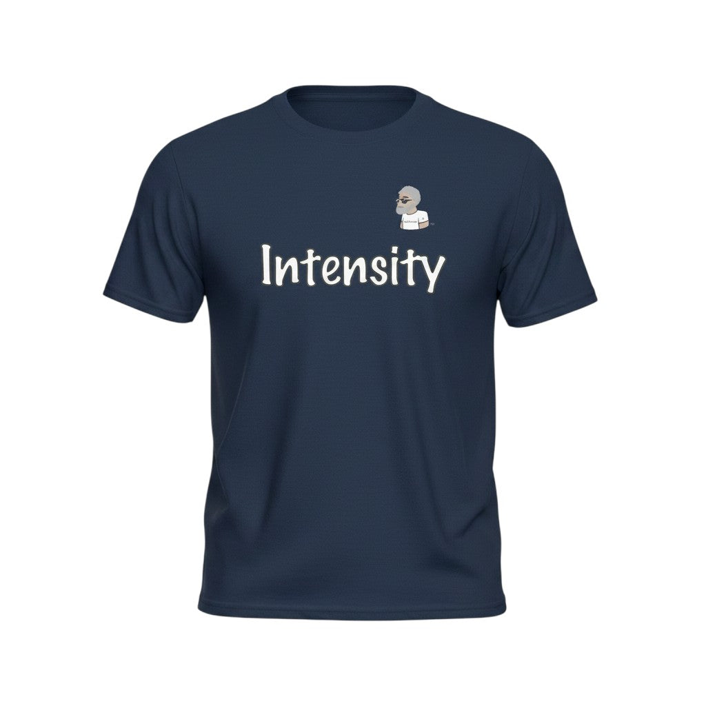 Big Daddy Allen Productions navy blue cotton t-shirt with "Intensity" graphic and cartoon character.