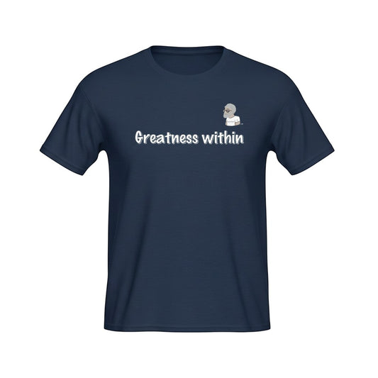 Big Daddy Allen Productions navy blue 100% cotton kids t-shirt with "Greatness within" text and BDA logo.