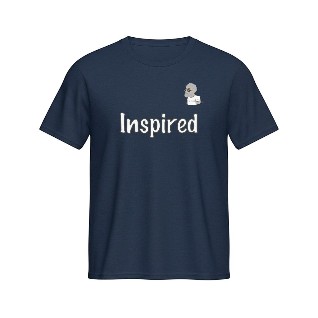 Big Daddy Allen Productions navy blue cotton t-shirt with white "Inspired" text and BDA logo.