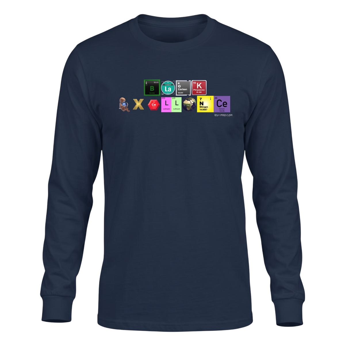 Big Daddy Allen Productions navy long sleeve shirt with Black Excellence periodic table graphic print