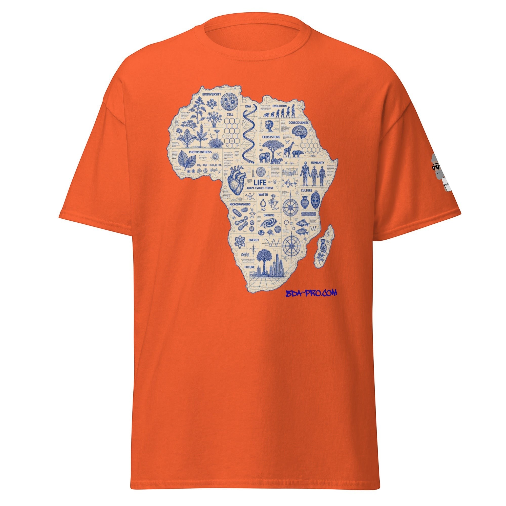 Big Daddy Allen Productions orange cotton t-shirt featuring a blue blueprint graphic of the African continent.