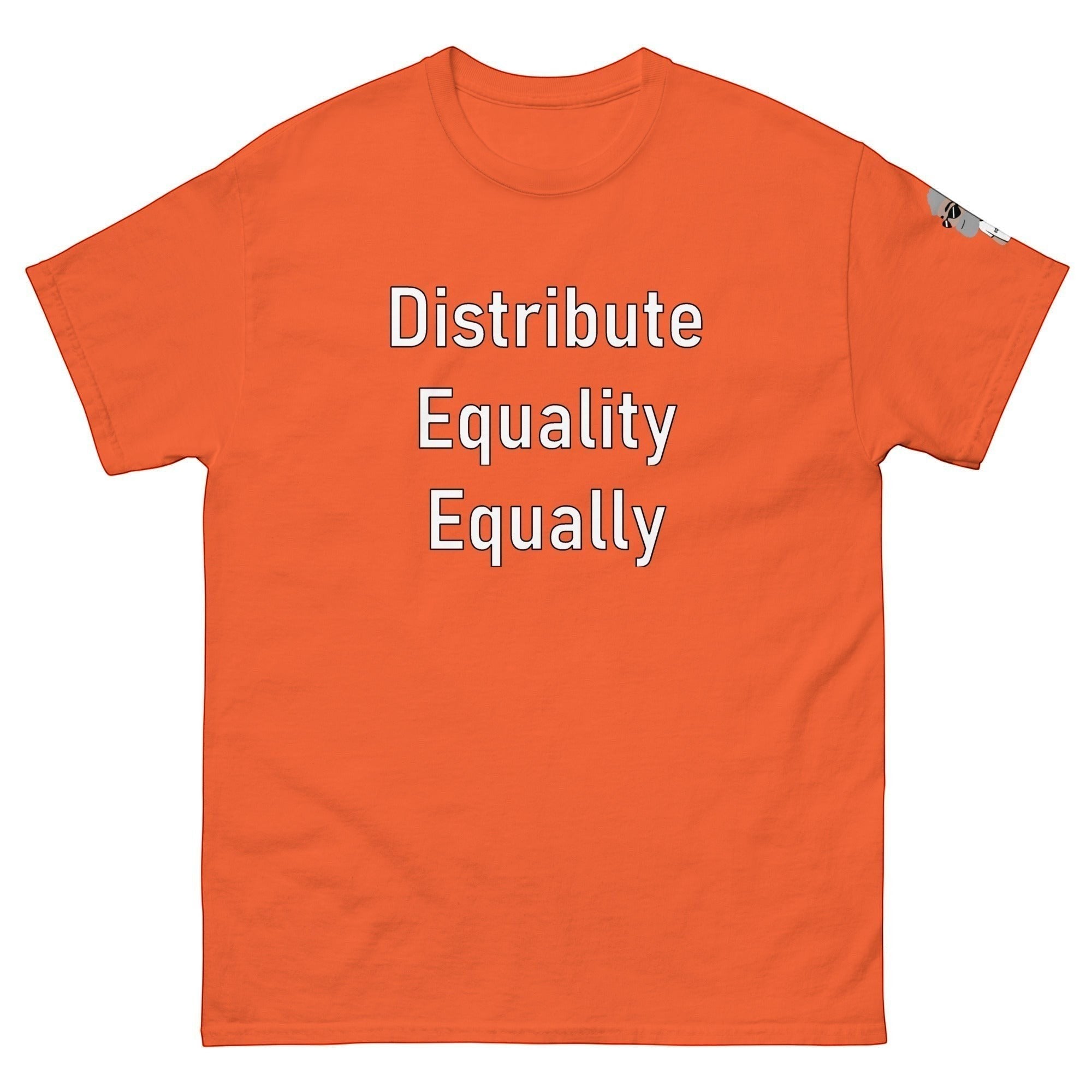 Big Daddy Allen Productions orange cotton t-shirt with "Distribute Equality Equally" text graphic.
