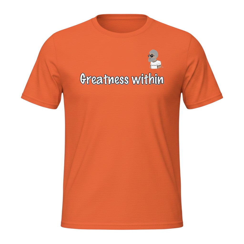 Big Daddy Allen Productions orange cotton t-shirt with "Greatness within" graphic and BDA logo.