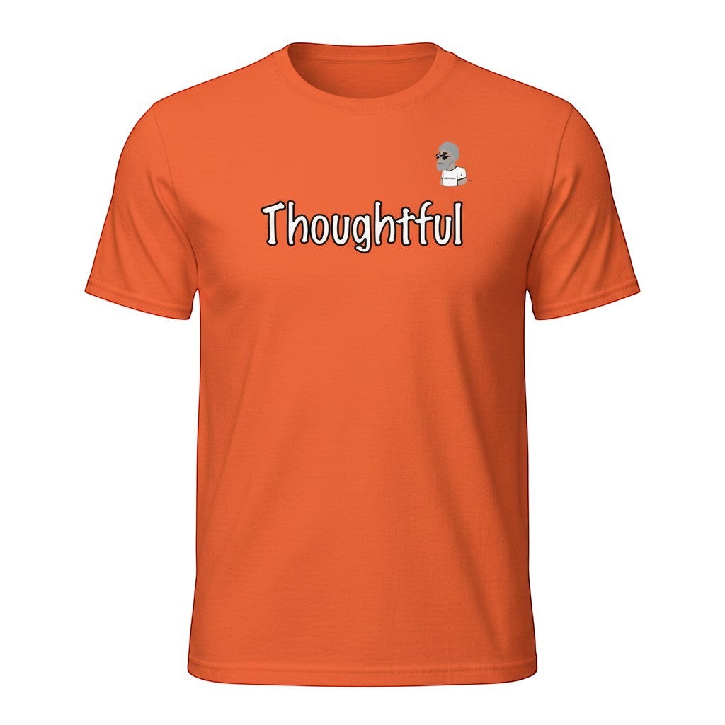 Big Daddy Allen Productions orange 100% cotton unisex t-shirt with "Thoughtful" graphic the BDA logo.