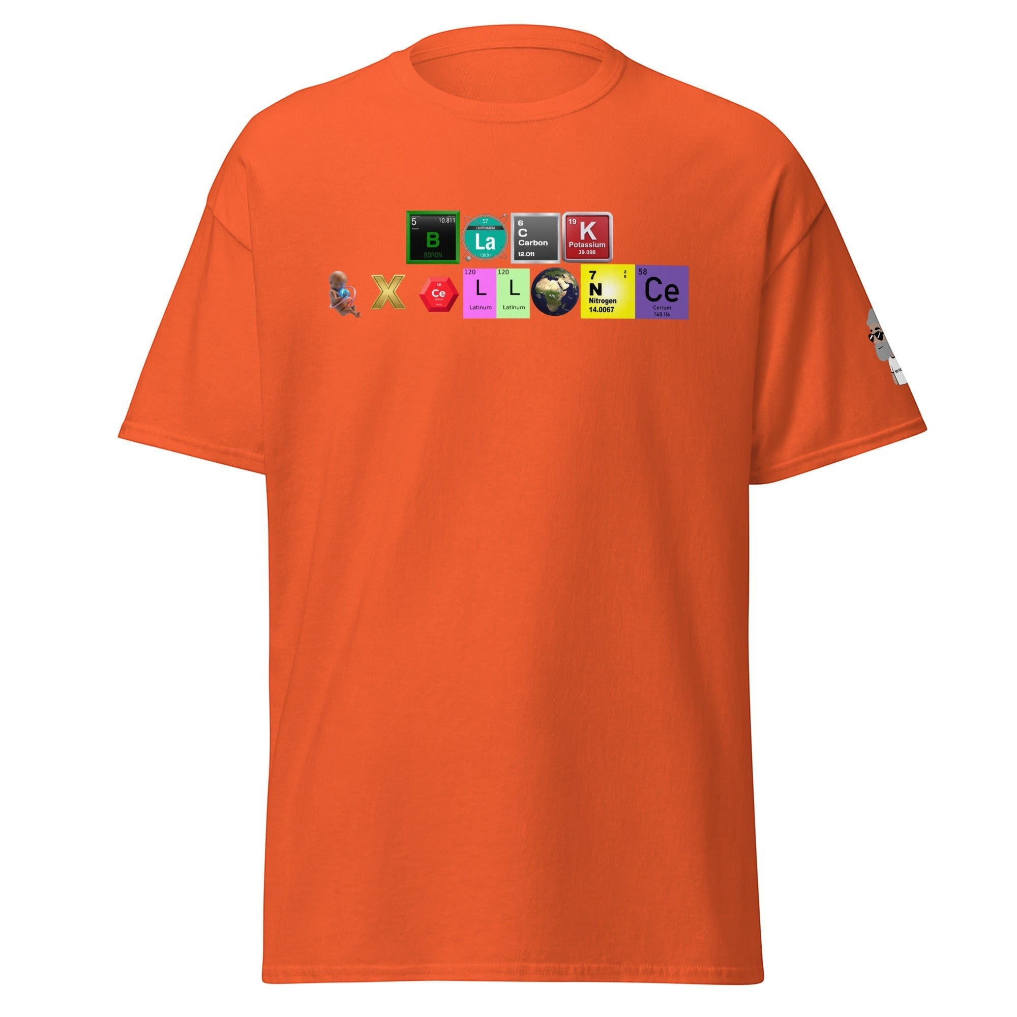 Big Daddy Allen Productions orange graphic tee featuring a periodic table design spelling Excellence with chemical symbols