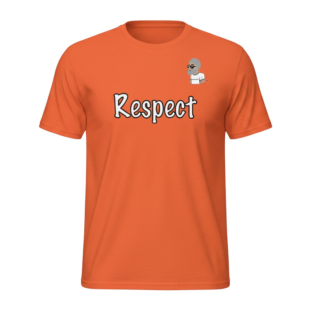 Big Daddy Allen Productions orange 100% cotton unisex graphic t-shirt with "Respect" text and  the BDA logo.