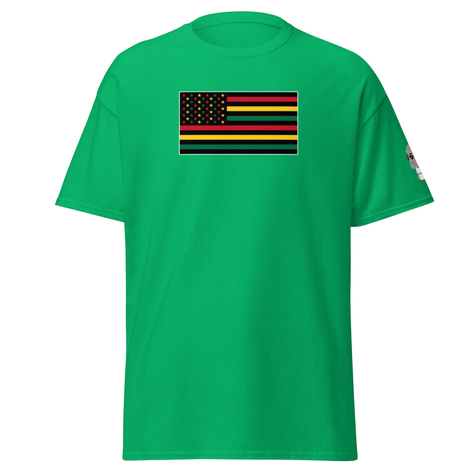 Big Daddy Allen Productions Pan-African American Flag graphic t-shirt in green with red, black, yellow, and green stripes and gold stars.