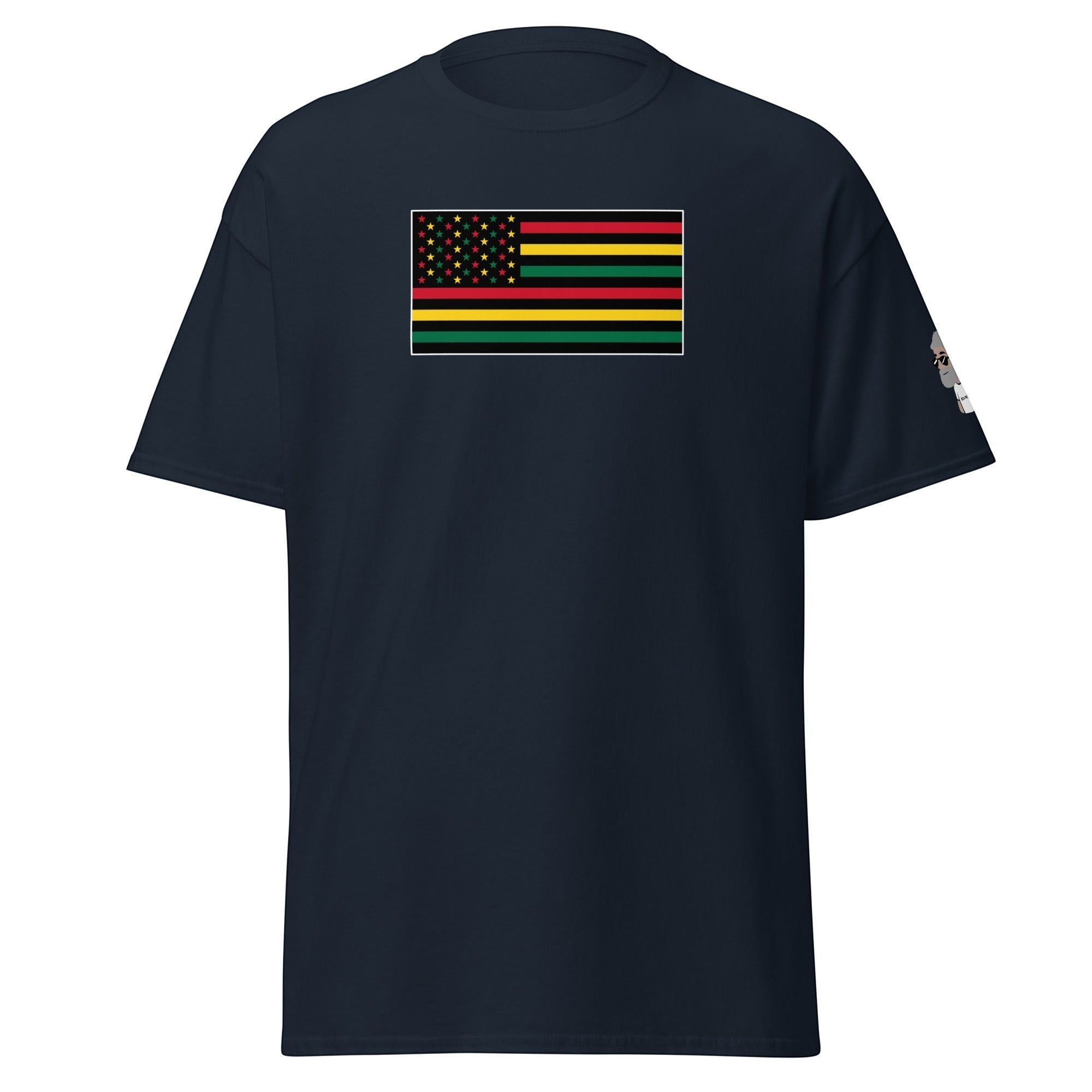 Big Daddy Allen Productions navy t-shirt with Pan-African American flag graphic. Features red, black, green stripes & gold stars on black field.