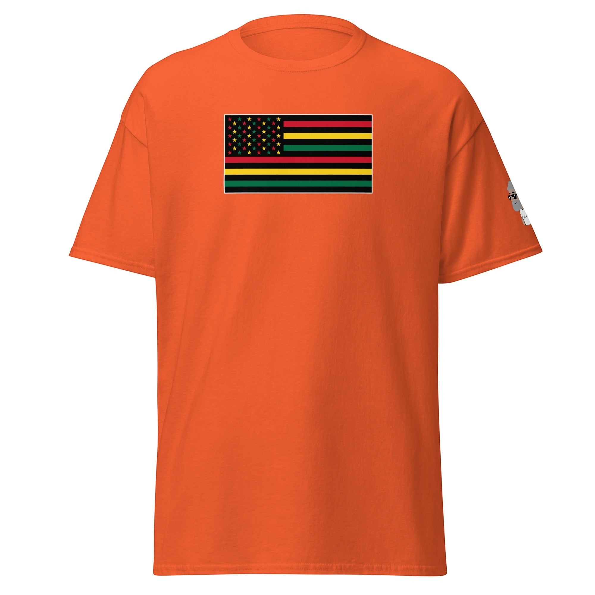 Big Daddy Allen Productions orange t-shirt with Pan-African American flag graphic. Features red, black, green stripes and gold stars on a black field.
