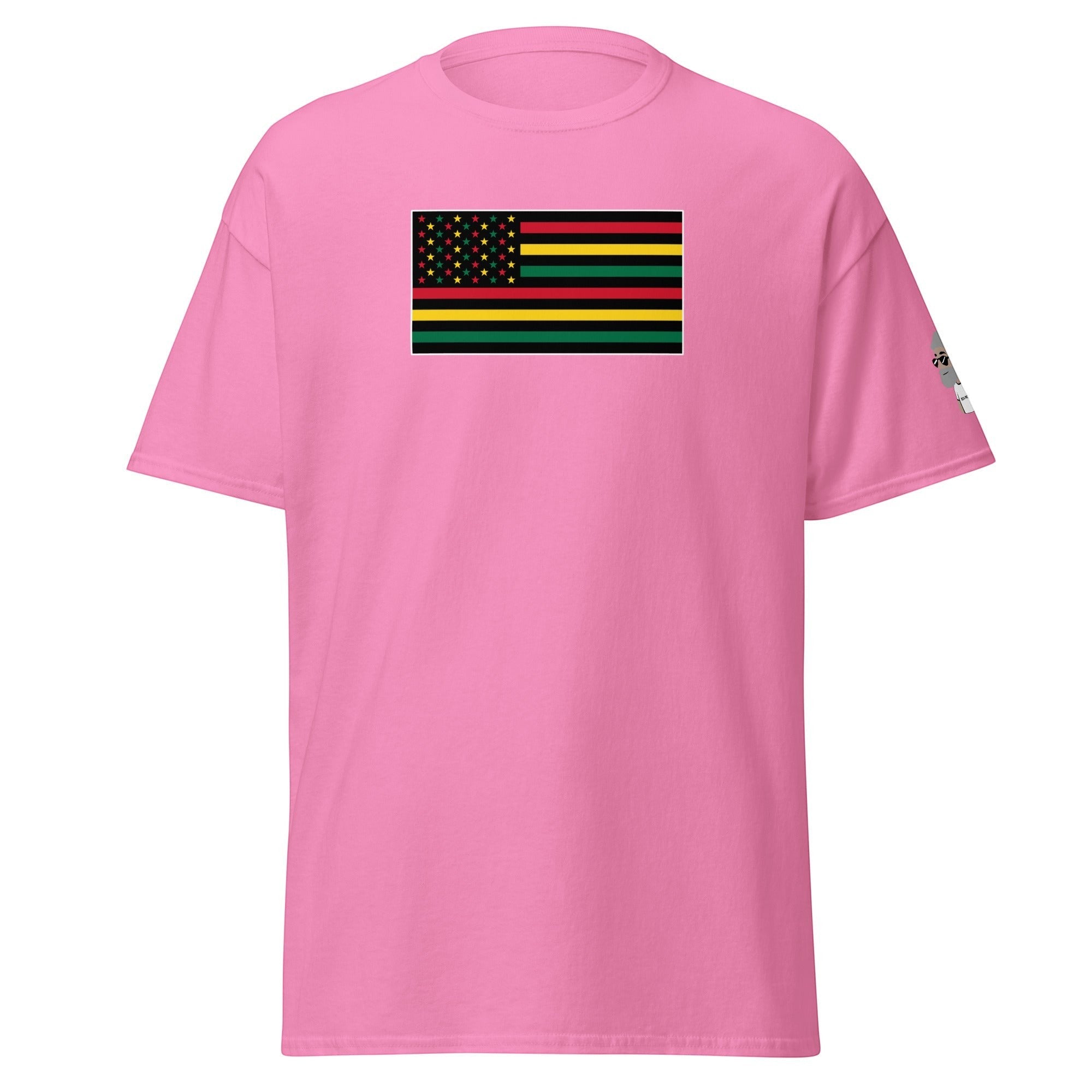 Big Daddy Allen Productions Pan-African American Flag graphic t-shirt in pink. Features a unique flag design with red, black, green stripes and gold stars on a black field.