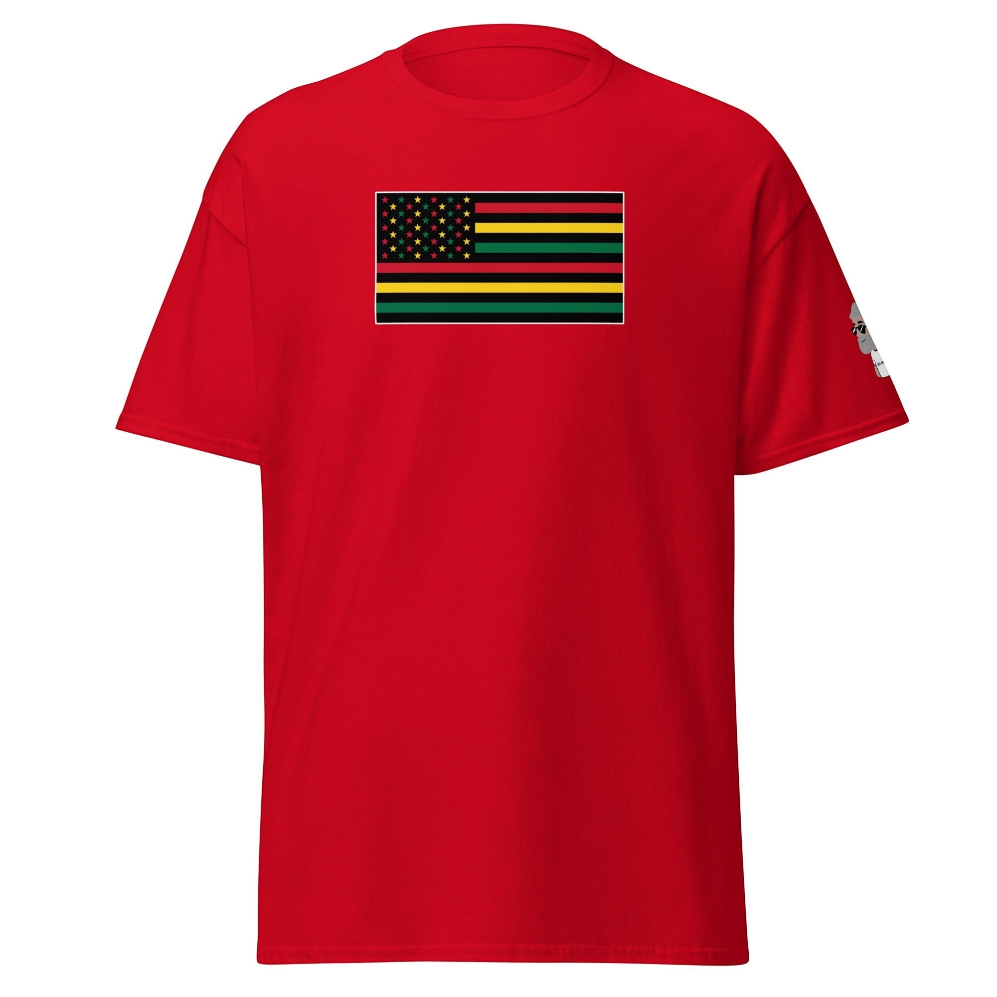 Big Daddy Allen Productions red t-shirt with Pan-African American flag graphic. Features red, black, green stripes and gold stars on black field.