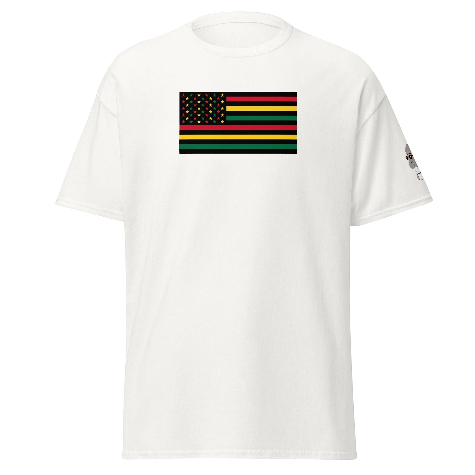 Big Daddy Allen Productions Pan-African American Flag graphic t-shirt in white with red, black, green, and gold flag design.