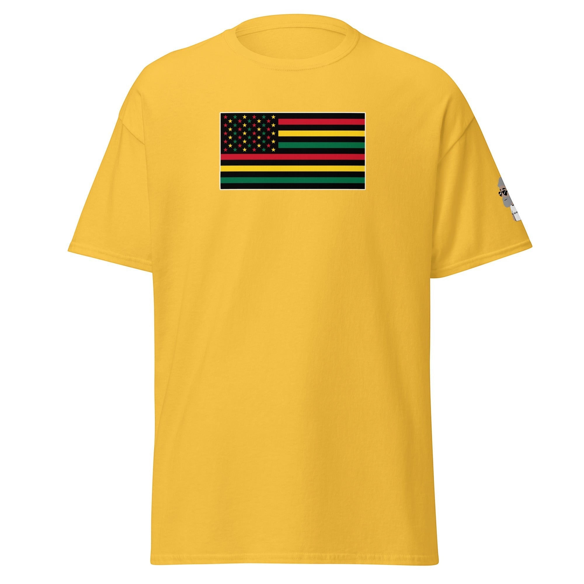 Big Daddy Allen Productions yellow t-shirt with Pan-African American flag graphic. Features red, black, green stripes and gold stars on black field.