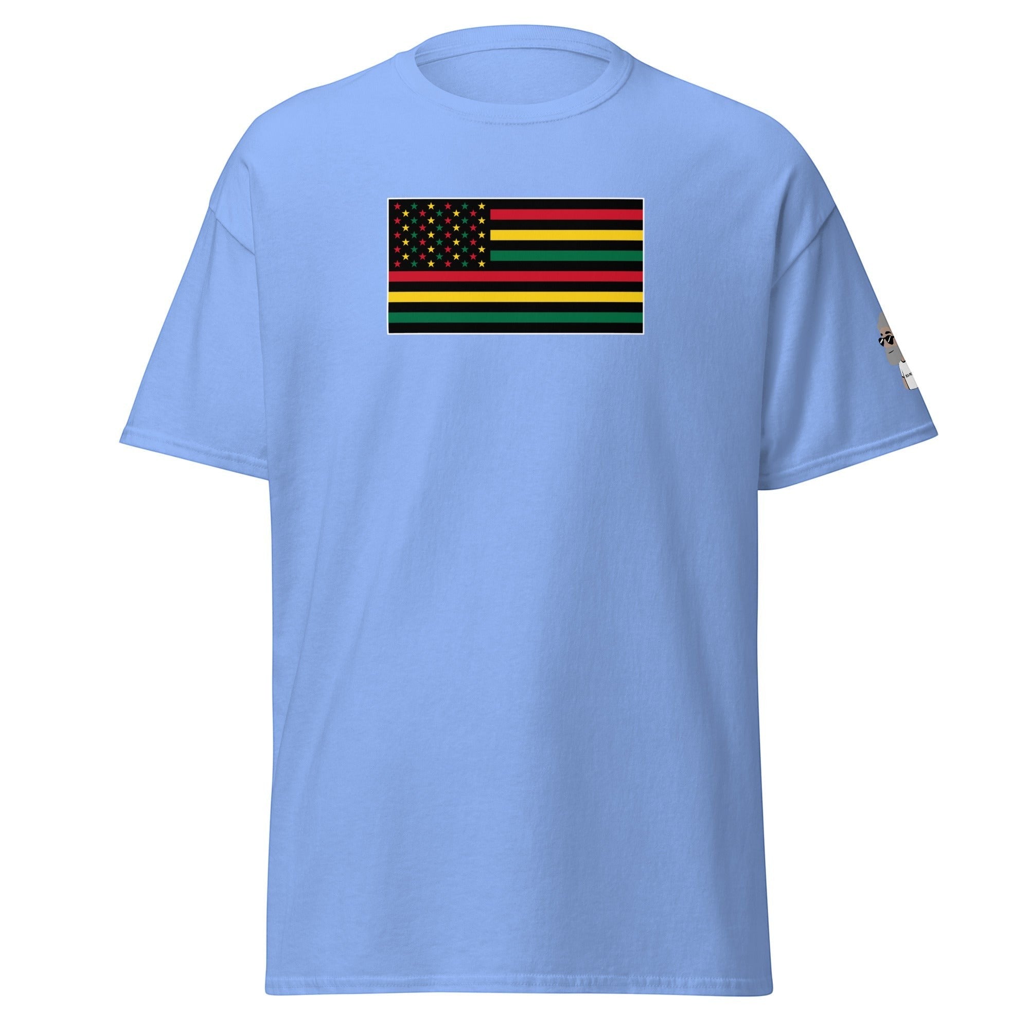 Big Daddy Allen Productions Pan-African American Flag graphic t-shirt in light blue. Features a unique flag design with red, black, green stripes and gold stars.