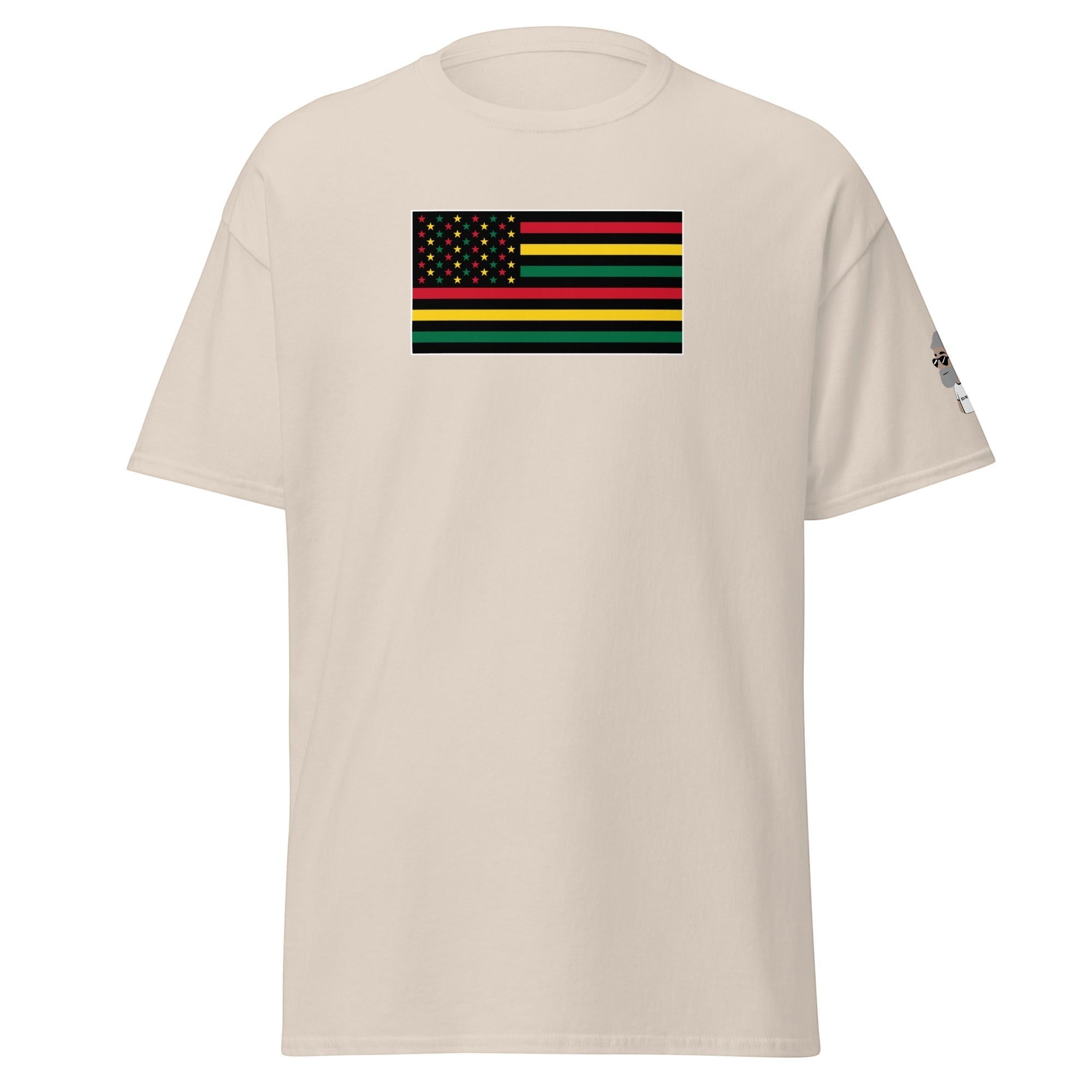 Big Daddy Allen Productions Pan-African American Flag graphic t-shirt in beige with red, black, green, and gold flag design.