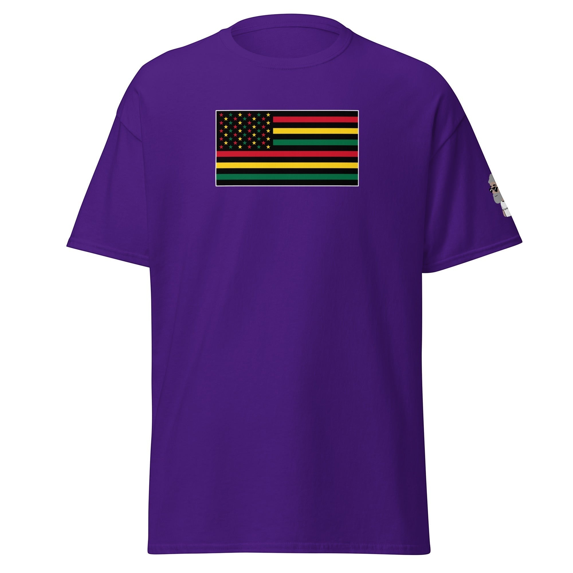 Big Daddy Allen Productions Pan-African American Flag graphic t-shirt in purple. Features a unique flag design with red, black, green stripes and gold stars on a black field.