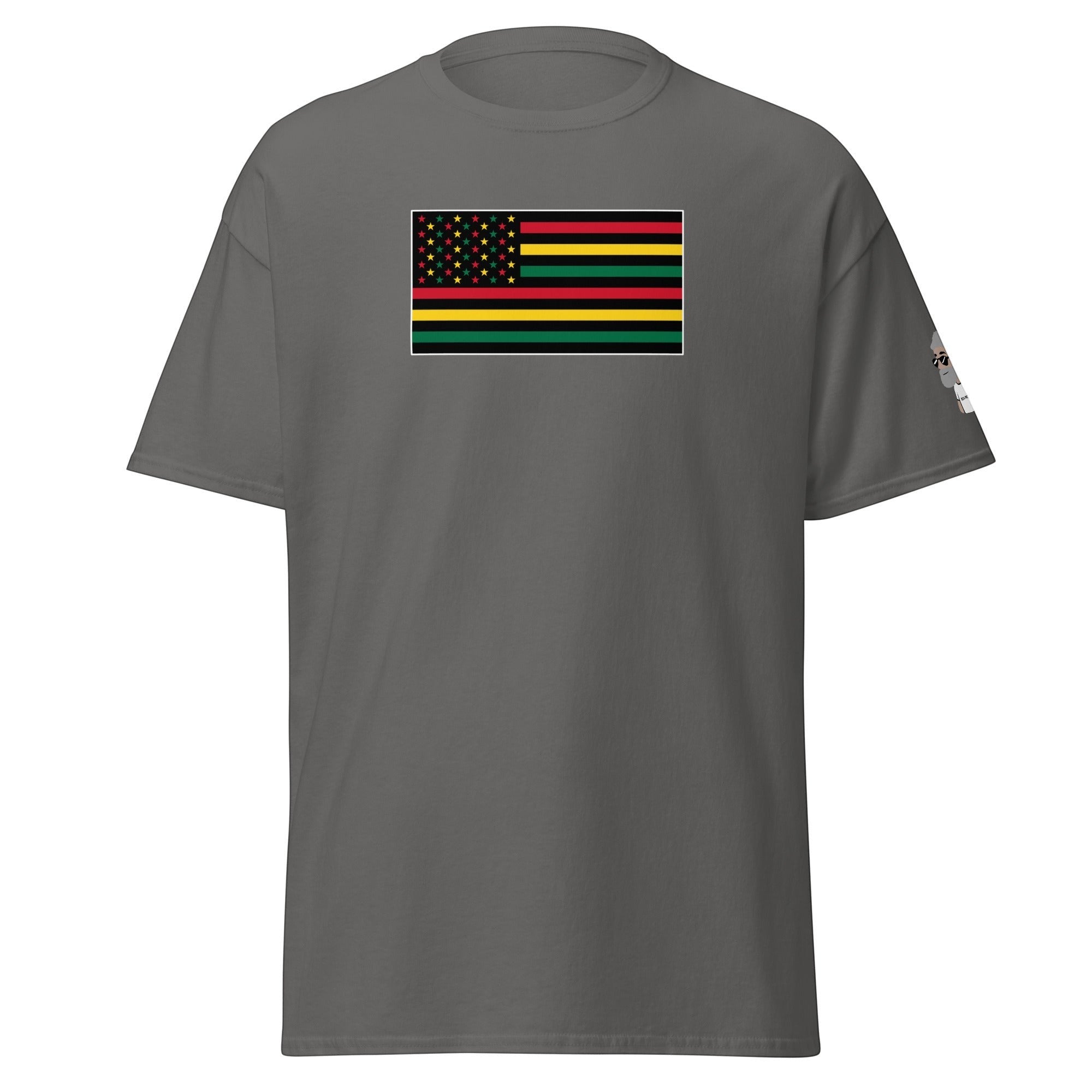 Big Daddy Allen Productions Pan-African American Flag graphic t-shirt in charcoal grey with red, black, green, and gold stripes and stars.