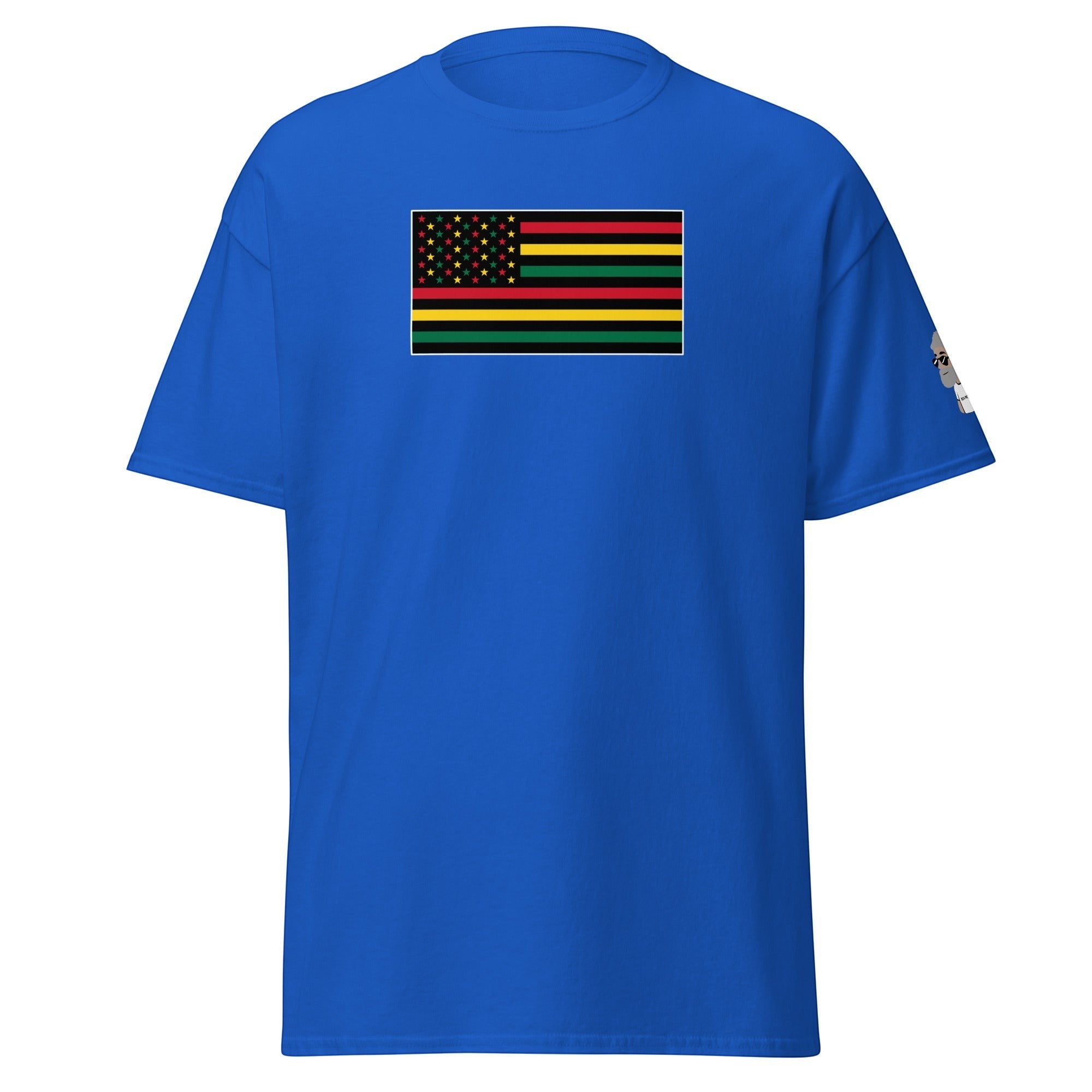 Big Daddy Allen Productions Pan-African American Flag graphic t-shirt in royal blue. Features a unique flag design with Pan-African colors and gold stars.