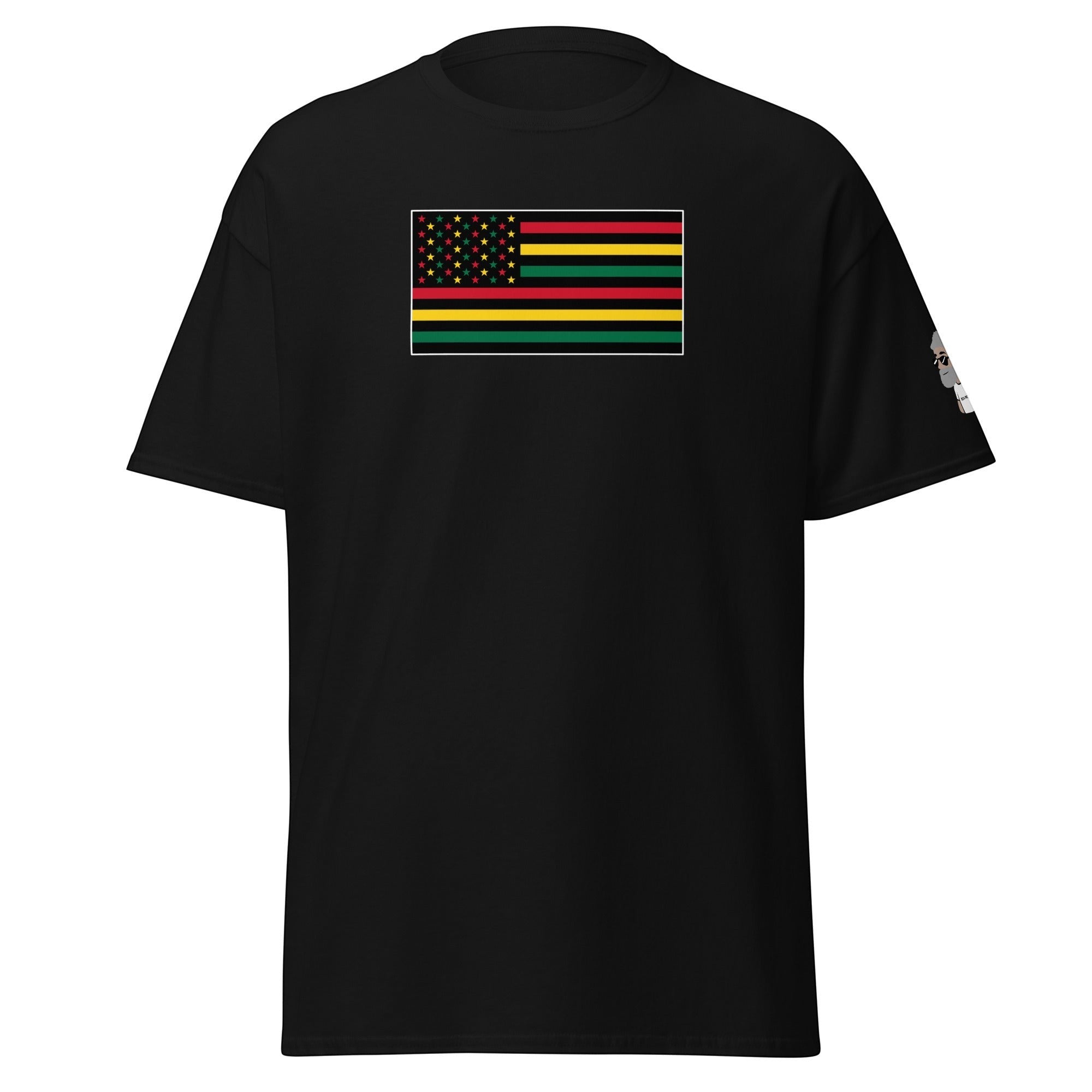 Big Daddy Allen Productions Pan-African American Flag graphic t-shirt in black with red, yellow, green stripes and gold stars.