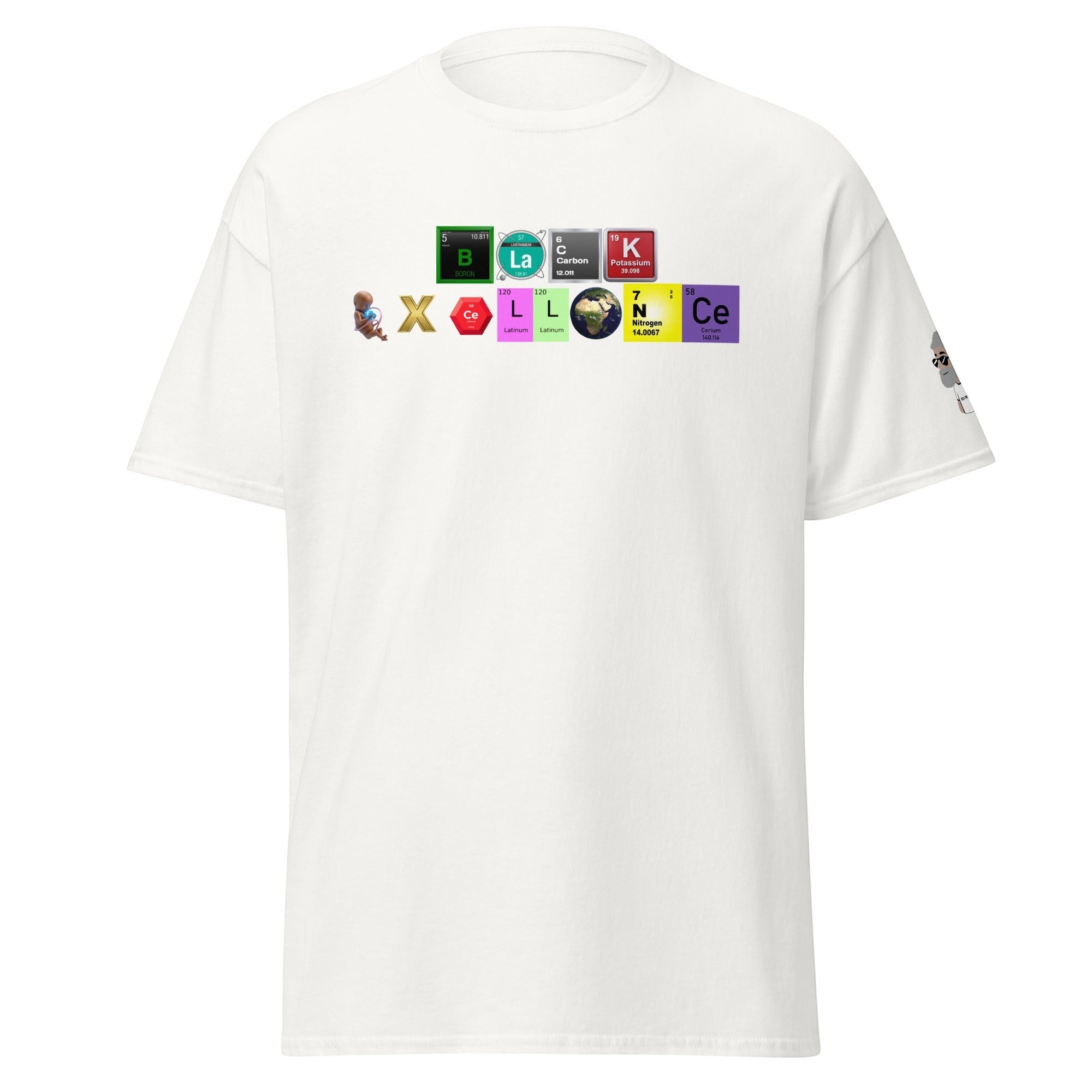 Big Daddy Allen Productions white graphic t-shirt featuring the words Black Excellence in a periodic table element design.