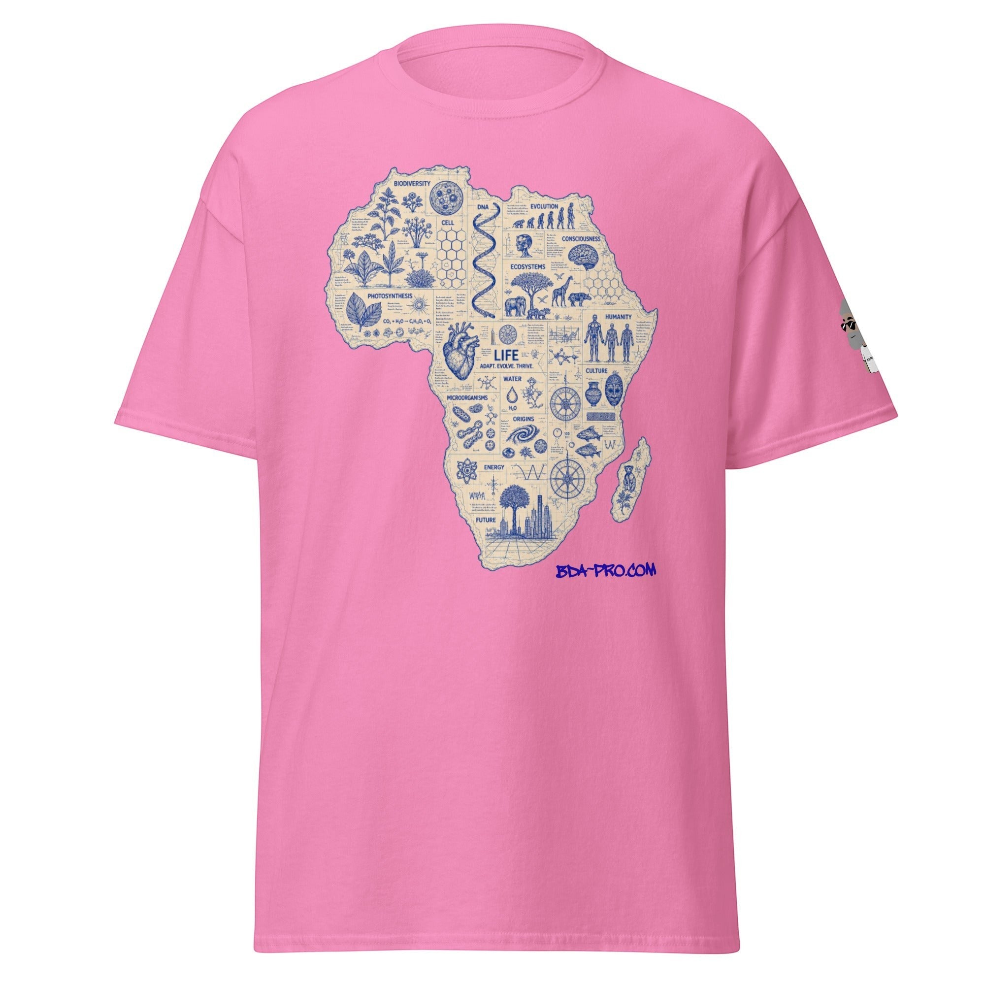 Big Daddy Allen Productions pink cotton t-shirt featuring a blue blueprint graphic of the African continent.