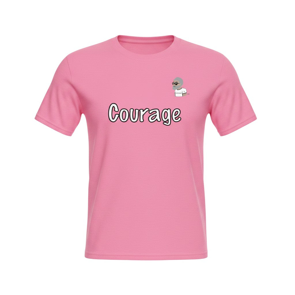 Big Daddy Allen Productions pink graphic t-shirt with the word "Courage" and a small cartoon character.