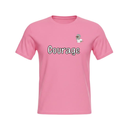 Big Daddy Allen Productions pink graphic t-shirt with the word "Courage" and a small cartoon character.