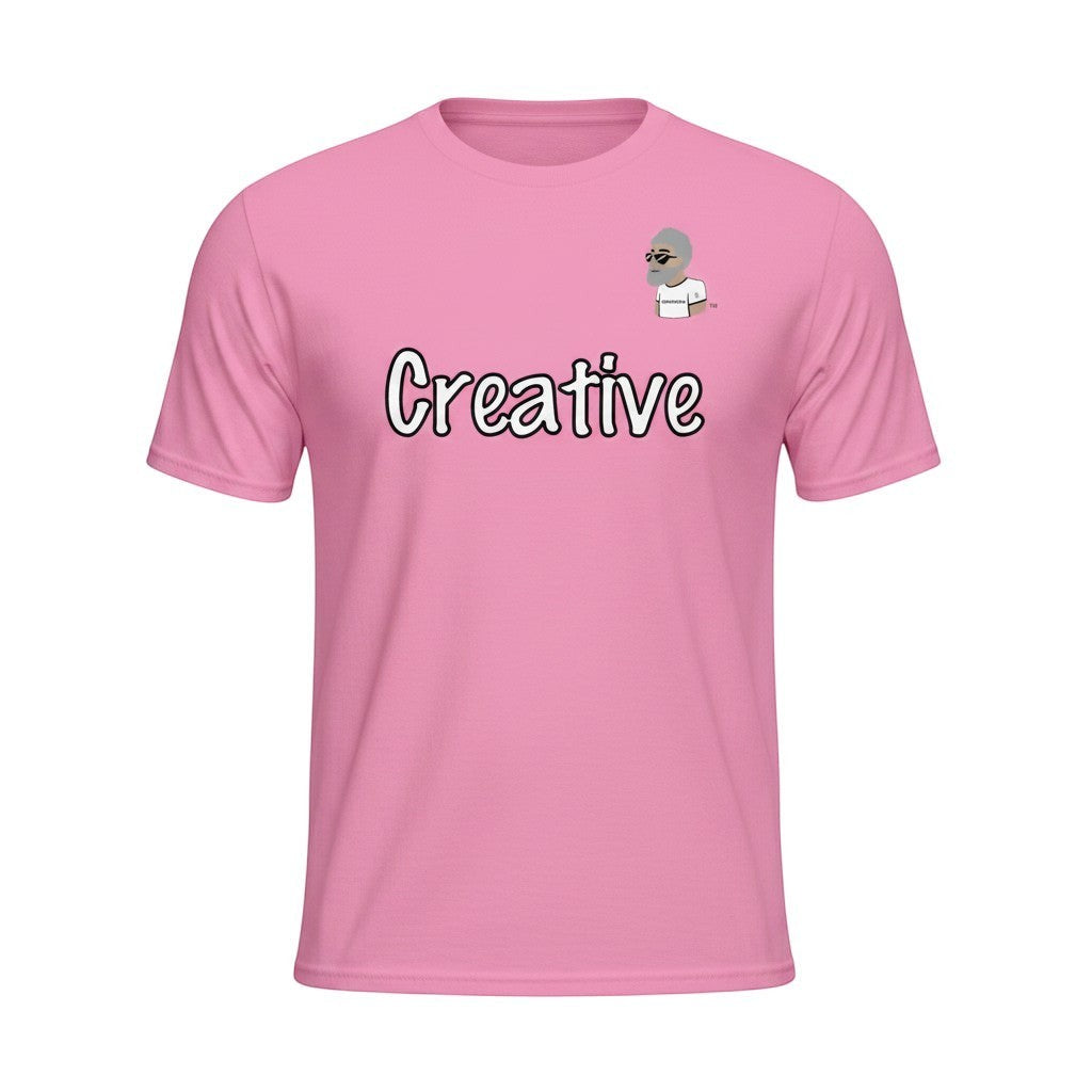 Big Daddy Allen Productions pink cotton t-shirt with white "Creative" text and BDA logo graphic.