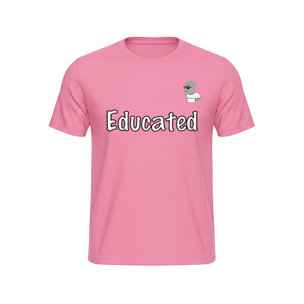 Big Daddy Allen Productions pink cotton t-shirt with "Educated" graphic and BDA logo.
