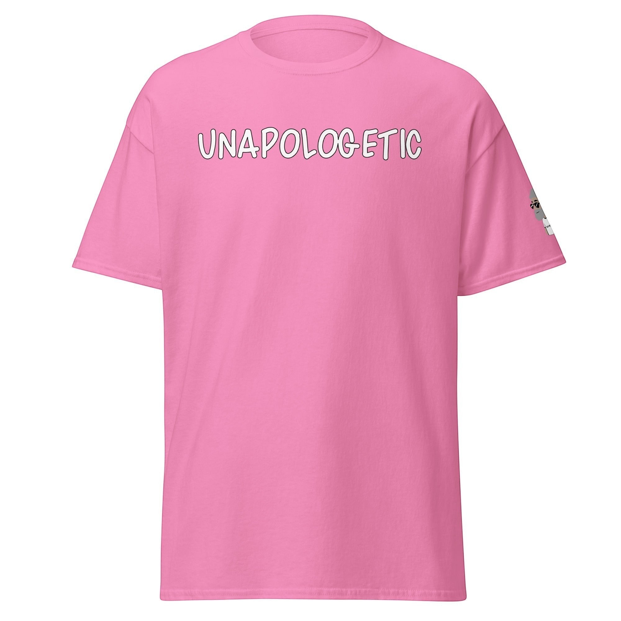 Big Daddy Allen Productions pink graphic t-shirt with UNAPOLOGETIC printed in white on the chest and sleeve detail.