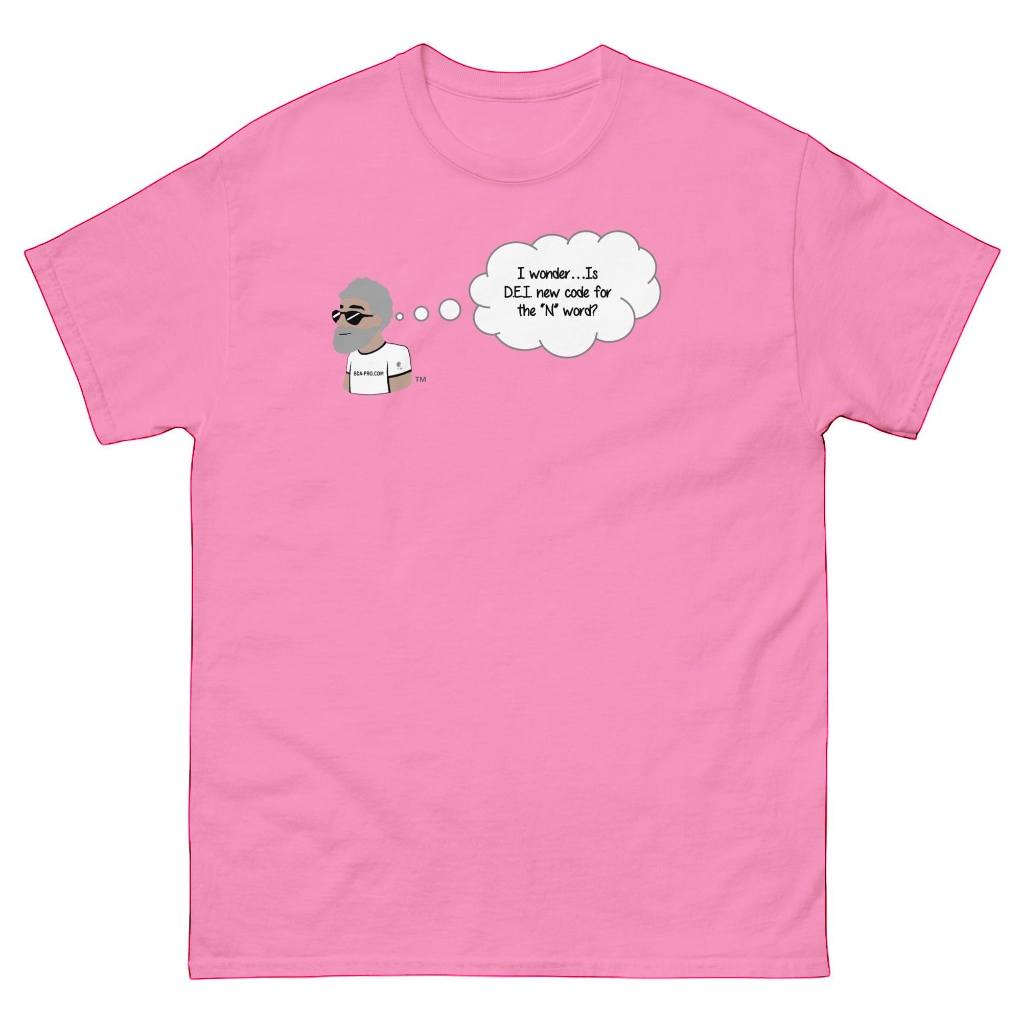 Big Daddy Allen Productions pink cotton t-shirt with a graphic of BDA logo thinking 'I wonder...Is DEI new code for the "N" word?'