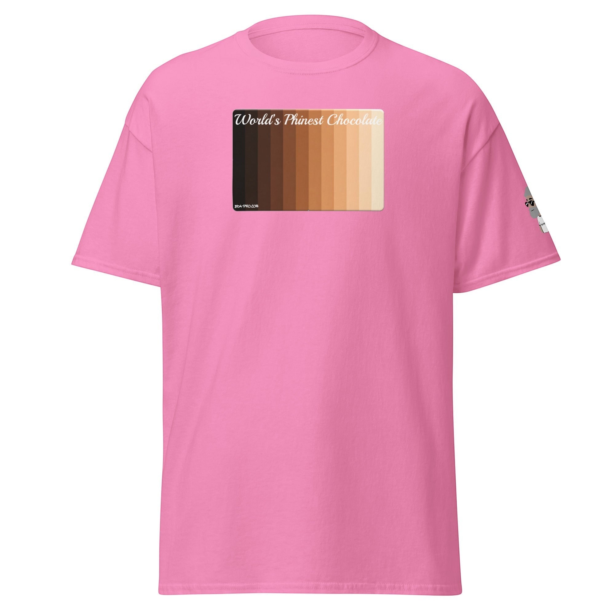 Big Daddy Allen Productions pink crew neck t-shirt featuring a skin tone gradient graphic and World's Phinest Chocolate