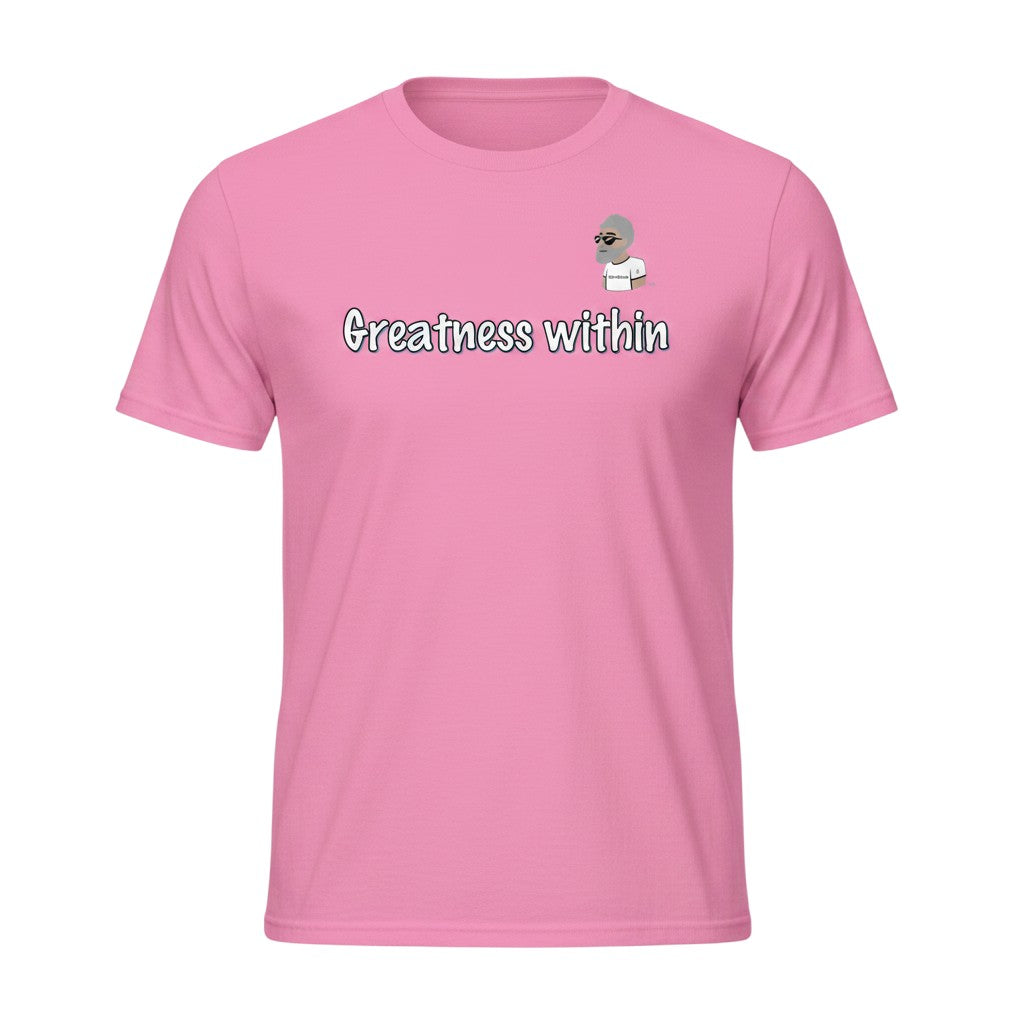 Big Daddy Allen Productions pink cotton graphic t-shirt with "Greatness within" text and BDA logo.