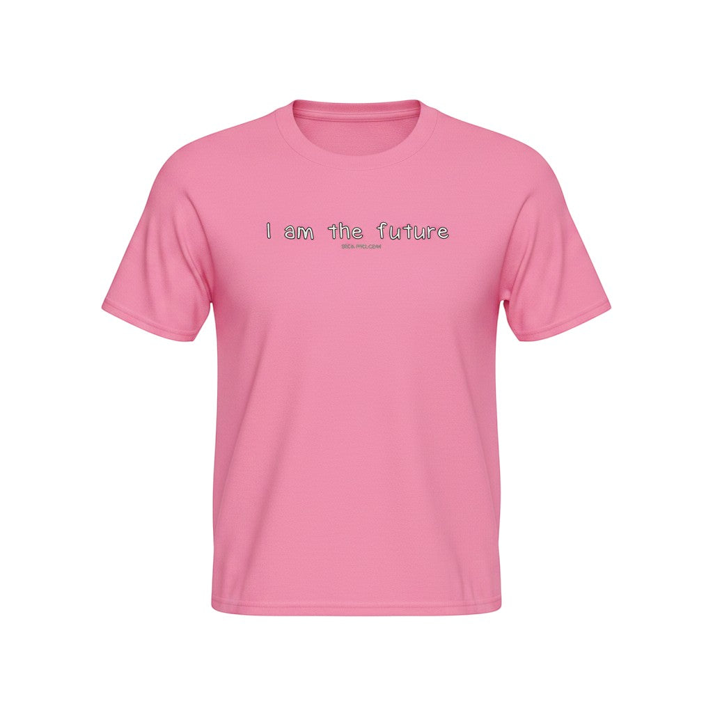 Big Daddy Allen Productions pink 100% cotton kids graphic t-shirt with "I am the future" text.